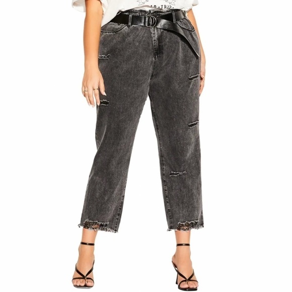 NWT City Chic Belted High Rise Paperbag Straight Leg Distressed Jeans Black - Picture 2 of 7